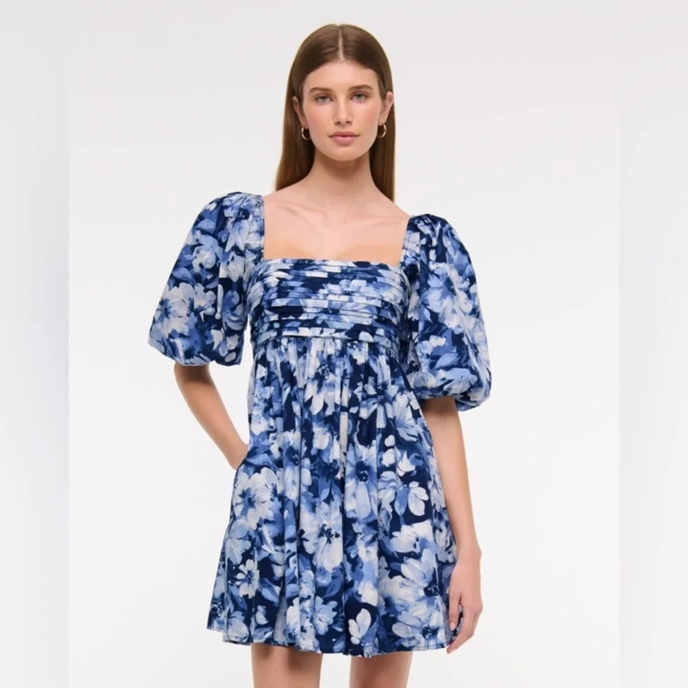 Abercrombie & Fitch Emerson Poplin Puff Sleeve Blue floral Mini Dress Sz XXS - Picture 6 of 14